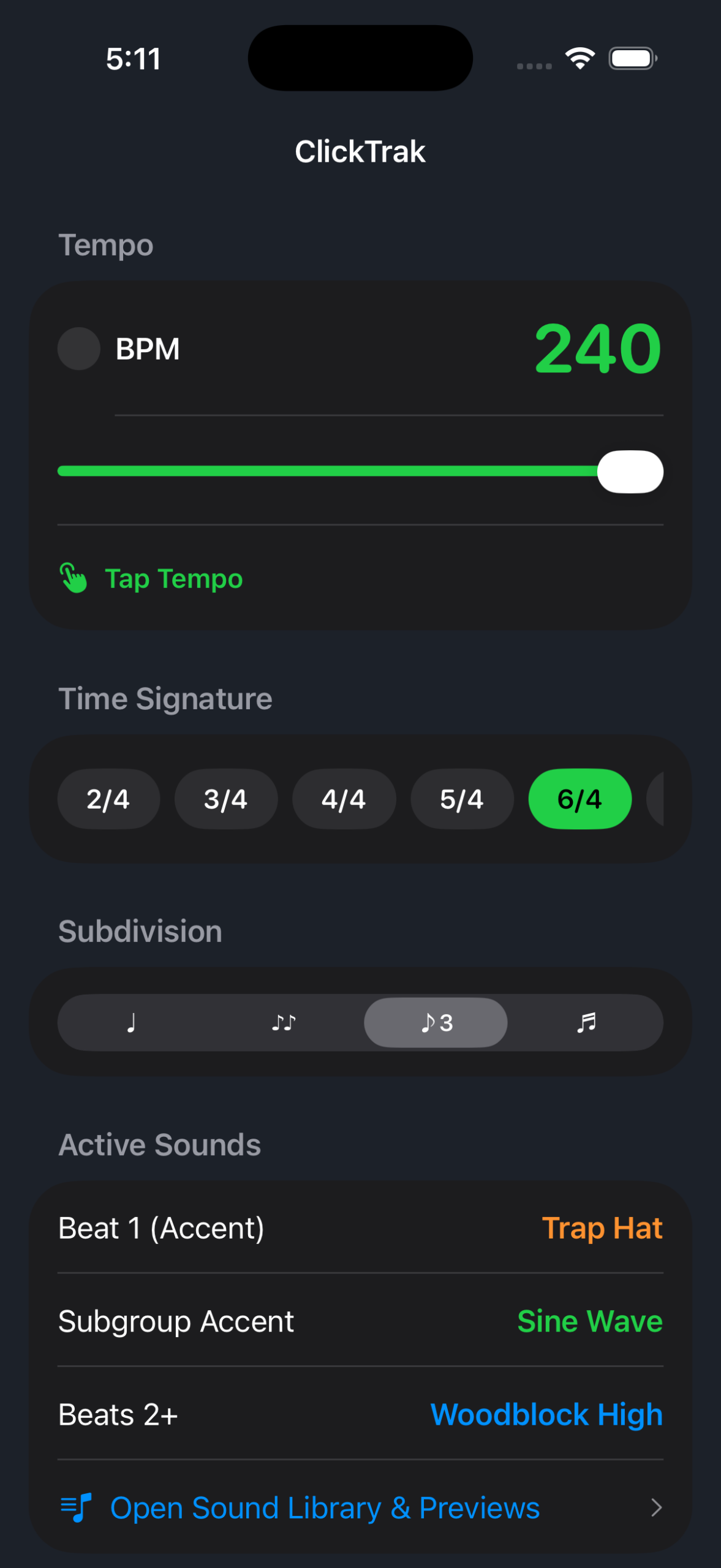 ClickTrak settings and practice options