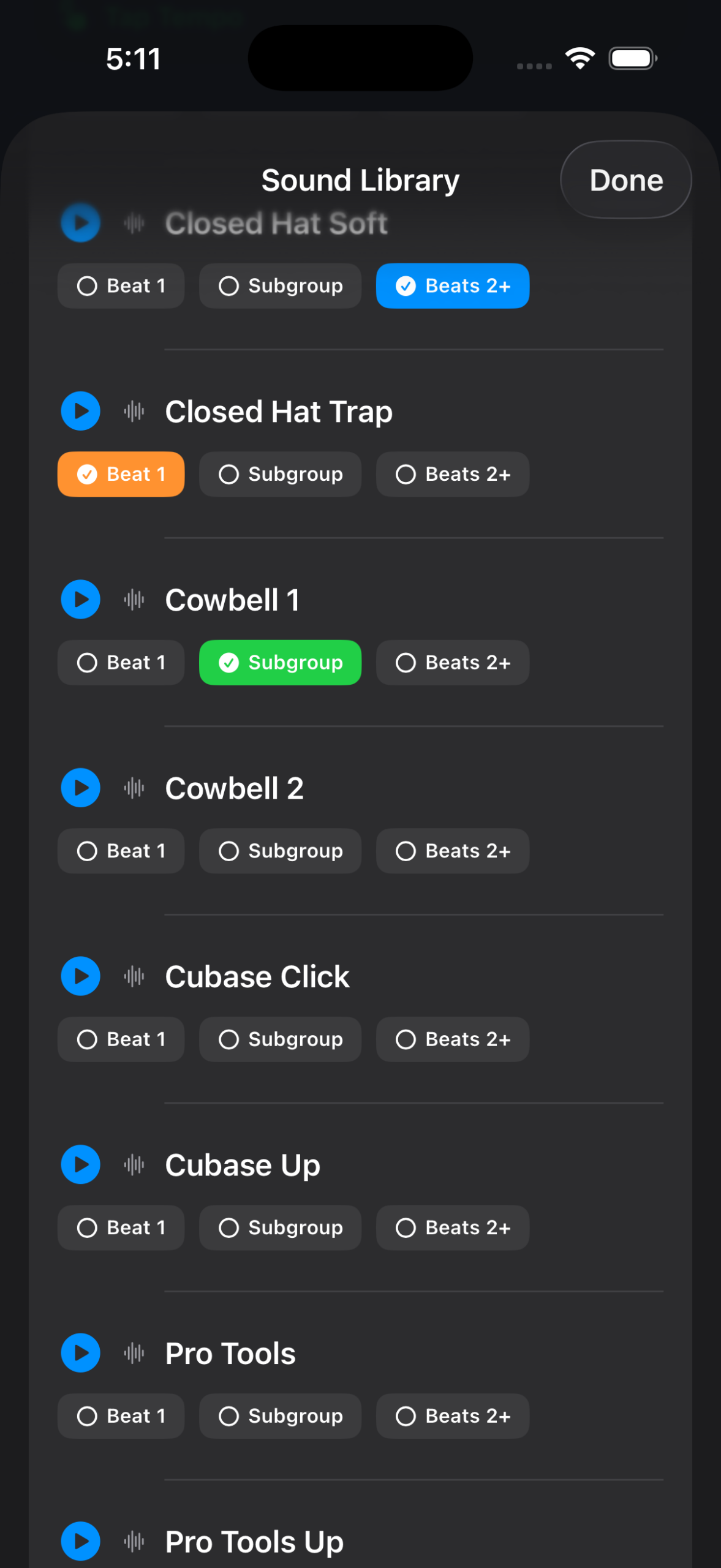 ClickTrak rhythm and timing controls