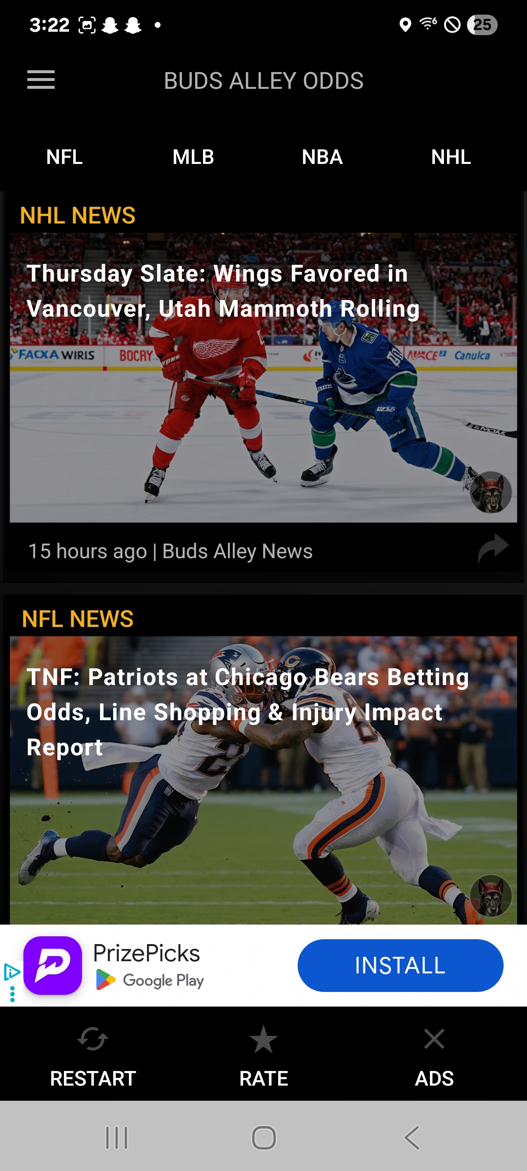 BudsAlley Odds Android app showing sports news and league navigation