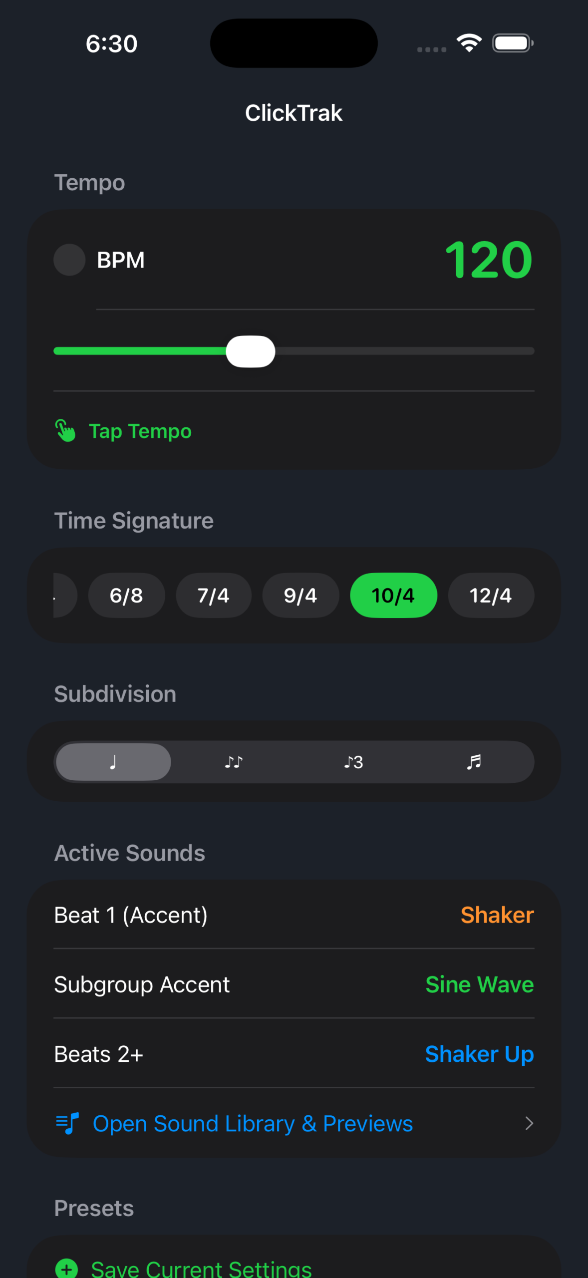 ClickTrak metronome running on an iPhone